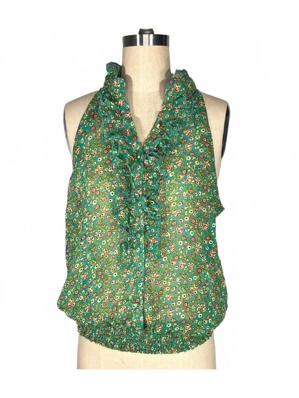 Vintage Y2K Twenty One Sheer Green Floral Ruffle Halter Tank Top Blouse Womens L